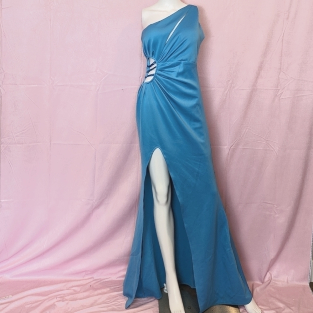 Vibrant Blue One Shoulder Cut Out Side High Slit Long Formal Dress size Large